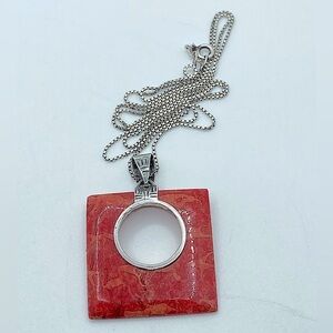 𝅺vtg Sterling Red Coral Slice Geometric Square Hole Pendant 925 Chain 21” & 1.6”